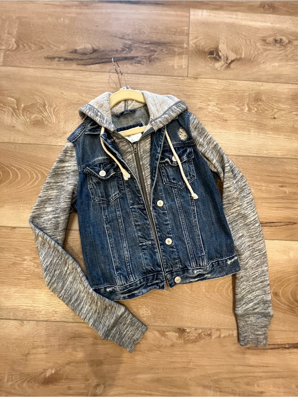 Abercrombie & Fitch Blue Denim Jacket with Gray Hoodie Sleeves XS
